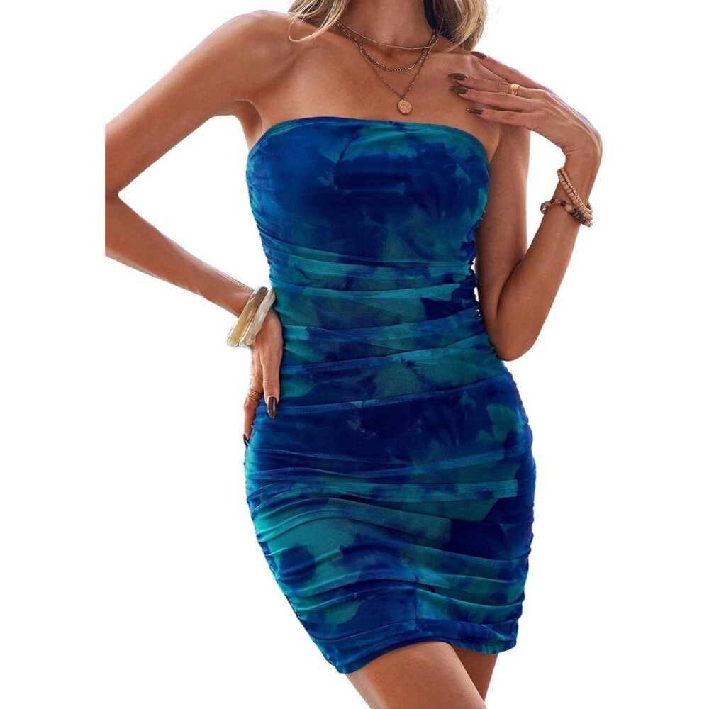 Shein Women's Ruched Strapless Tie-Dye Mini Dress XL